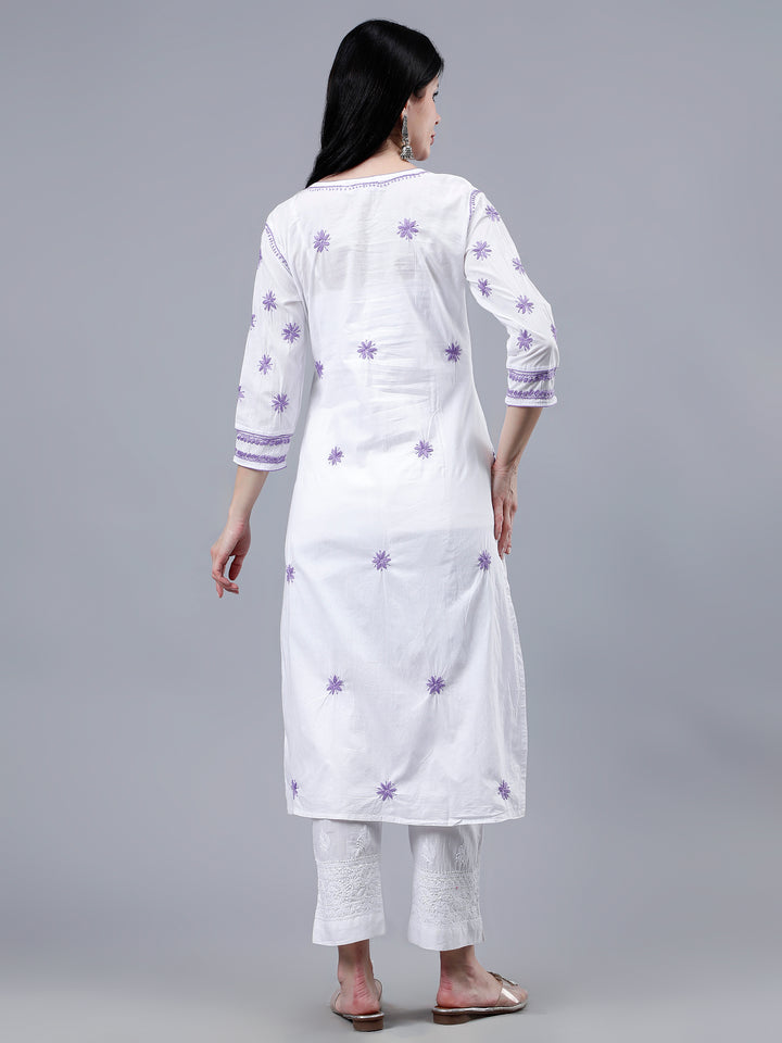 White & Mauve Cotton Hand Embroidered Chikankari Kurti