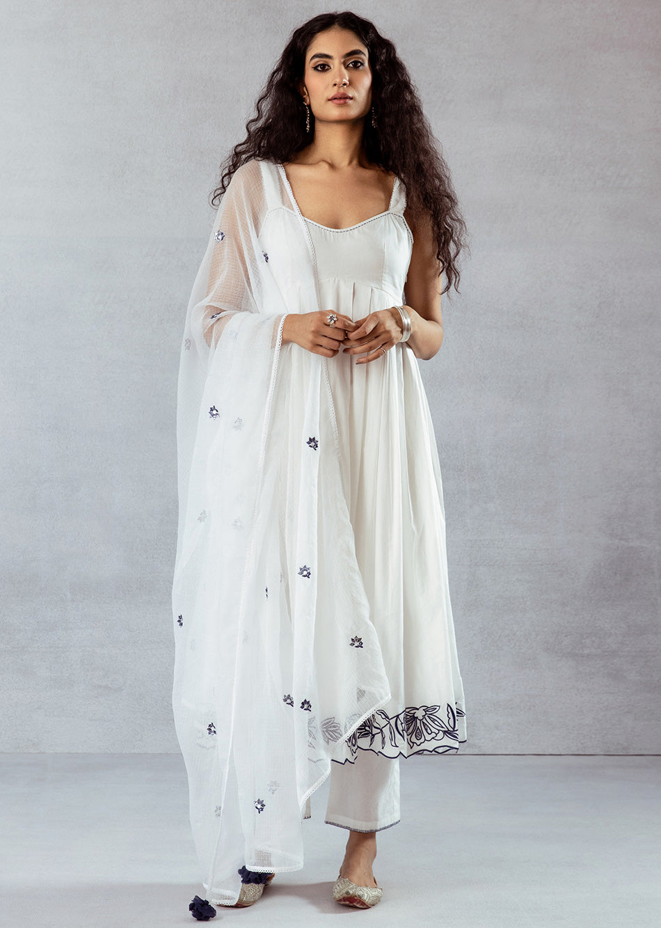 White-Cotton-Pleated-Threadwork-Anarkali-Set