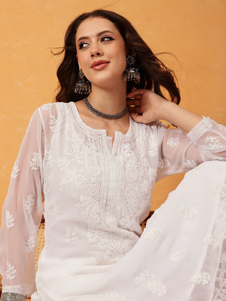 White-Georgette-Embroidered-Chikankari-2-Piece-Kurta-Set