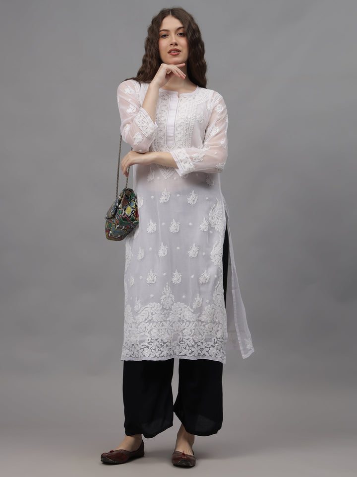 White-Georgette-Embroidered-Chikankari-Kurti-With-Slip