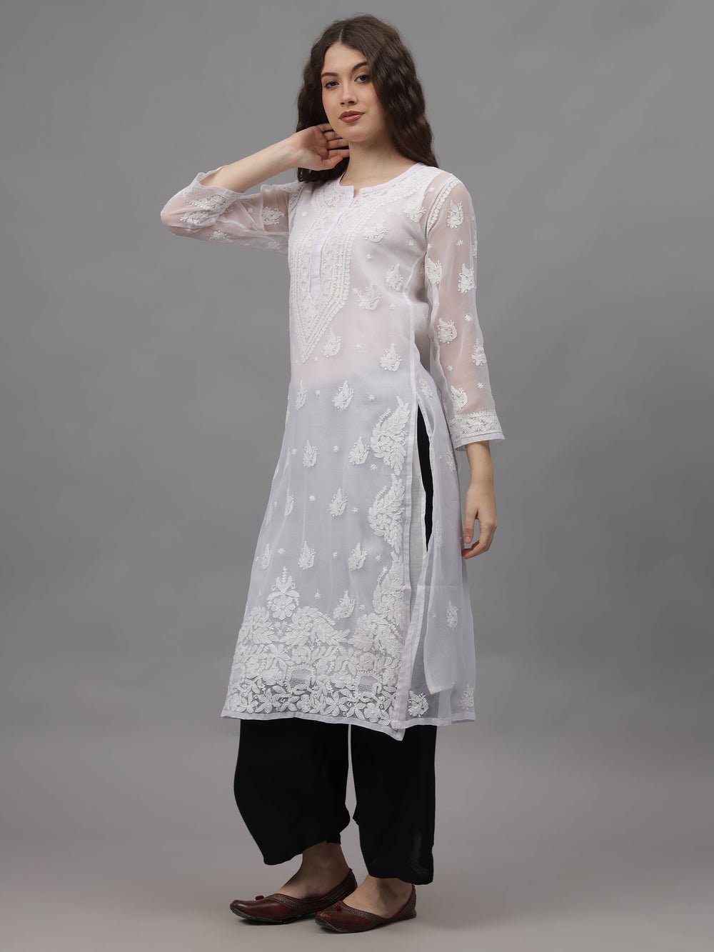 White-Georgette-Embroidered-Chikankari-Kurti-With-Slip