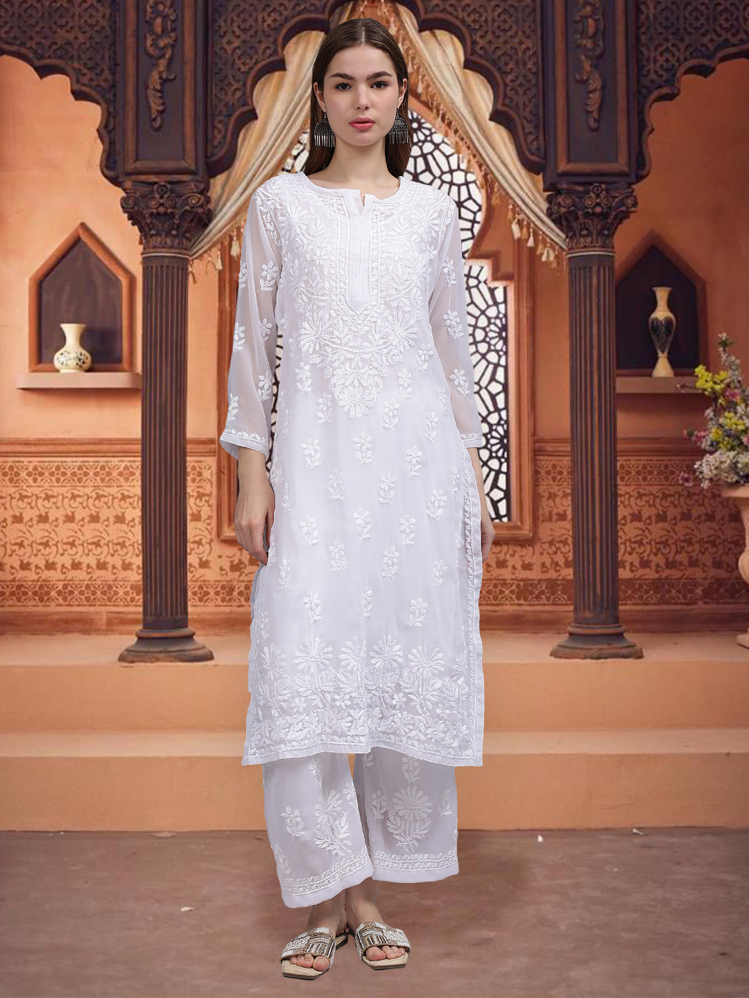 White-Georgette-Ghaspatti-Chikankari-2-Piece-Kurta-Set