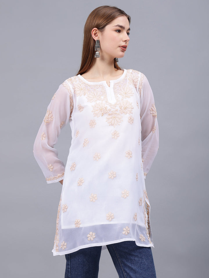 White-Georgette-Hand-Embroidered-Chikankari-Tunic-With-Slip