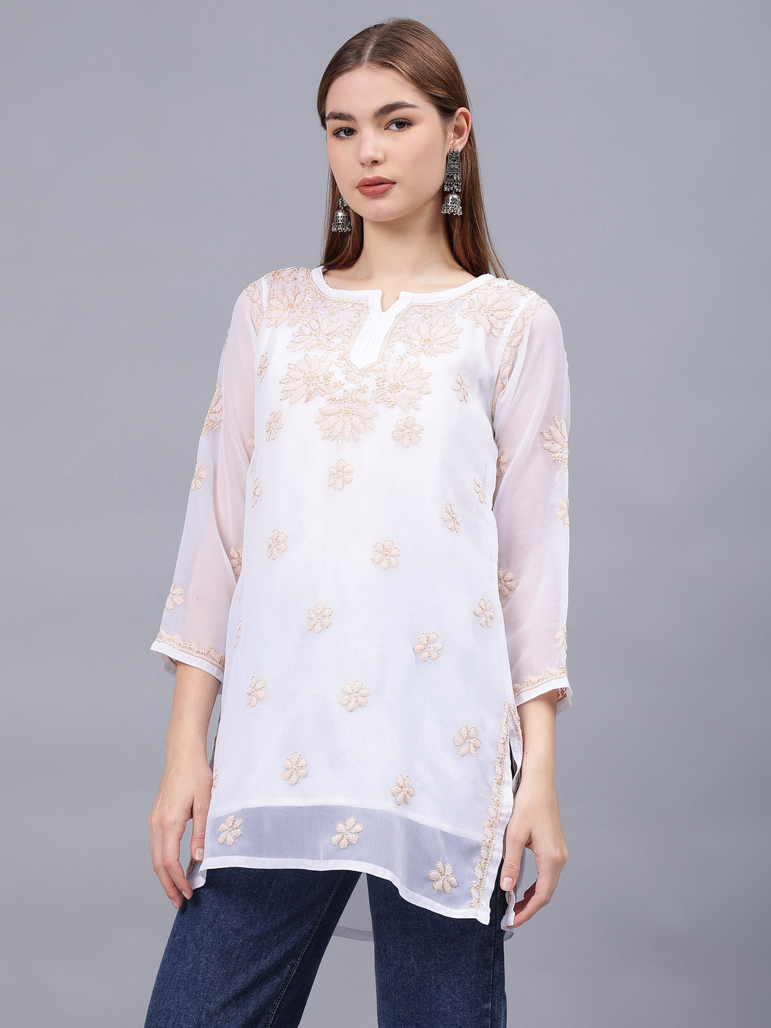 White-Georgette-Hand-Embroidered-Chikankari-Tunic-With-Slip