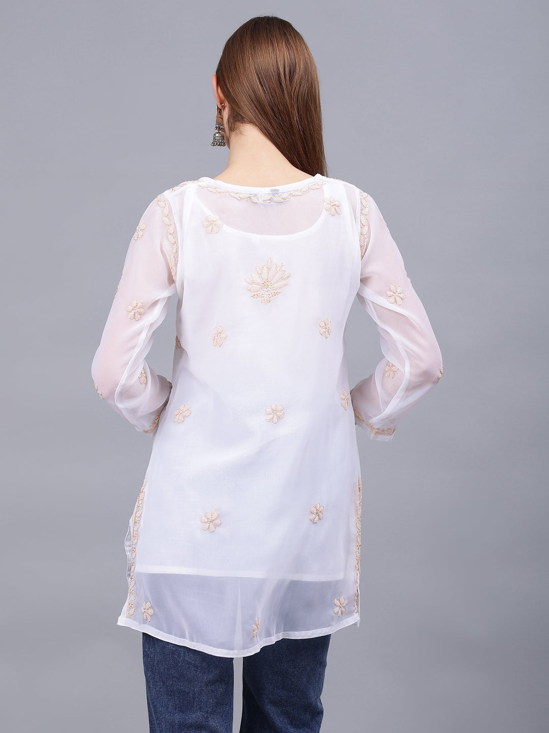 White-Georgette-Hand-Embroidered-Chikankari-Tunic-With-Slip