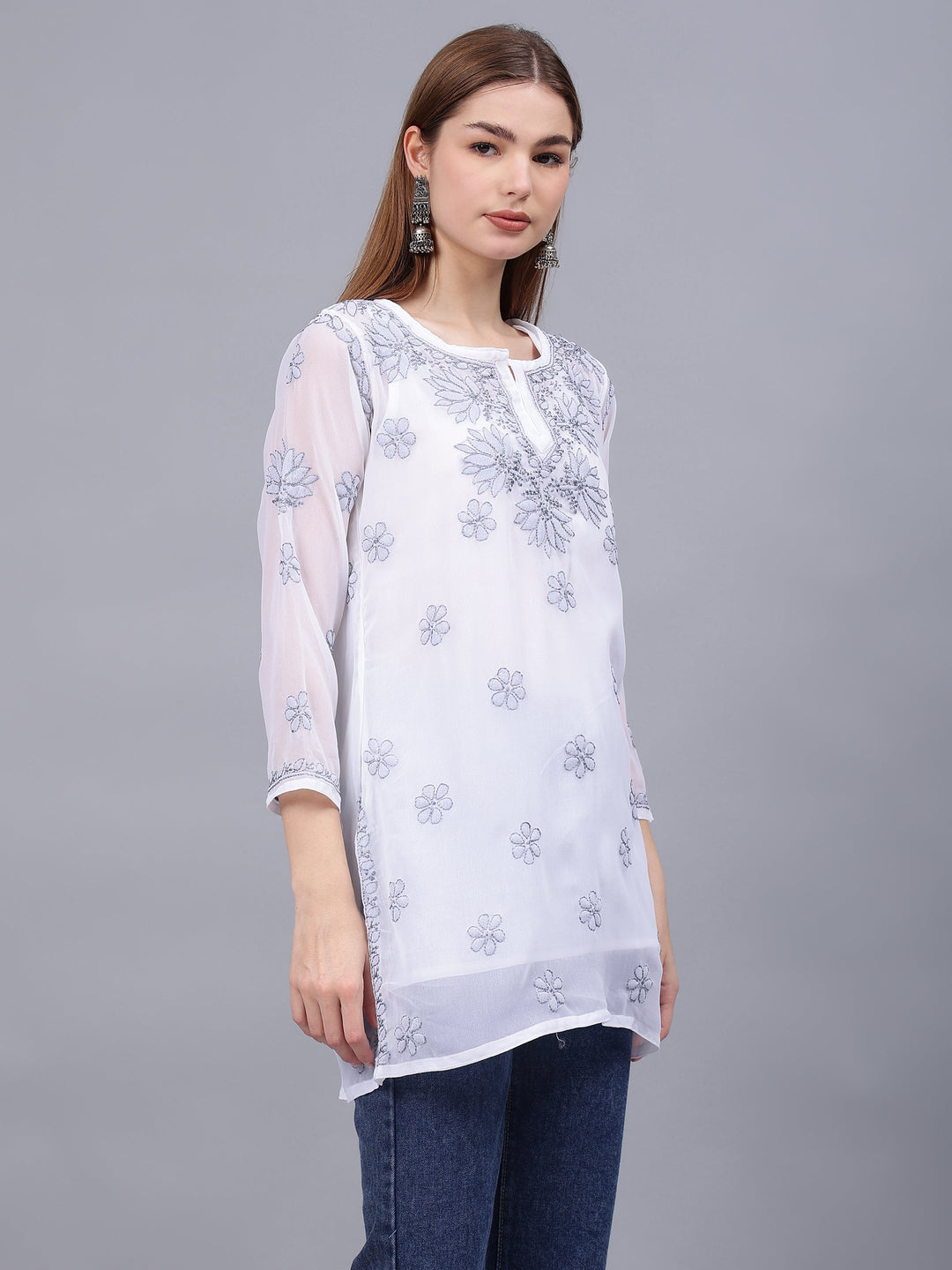 White-Georgette-Hand-Embroidery-Chikankari-Tunic-With-Slip