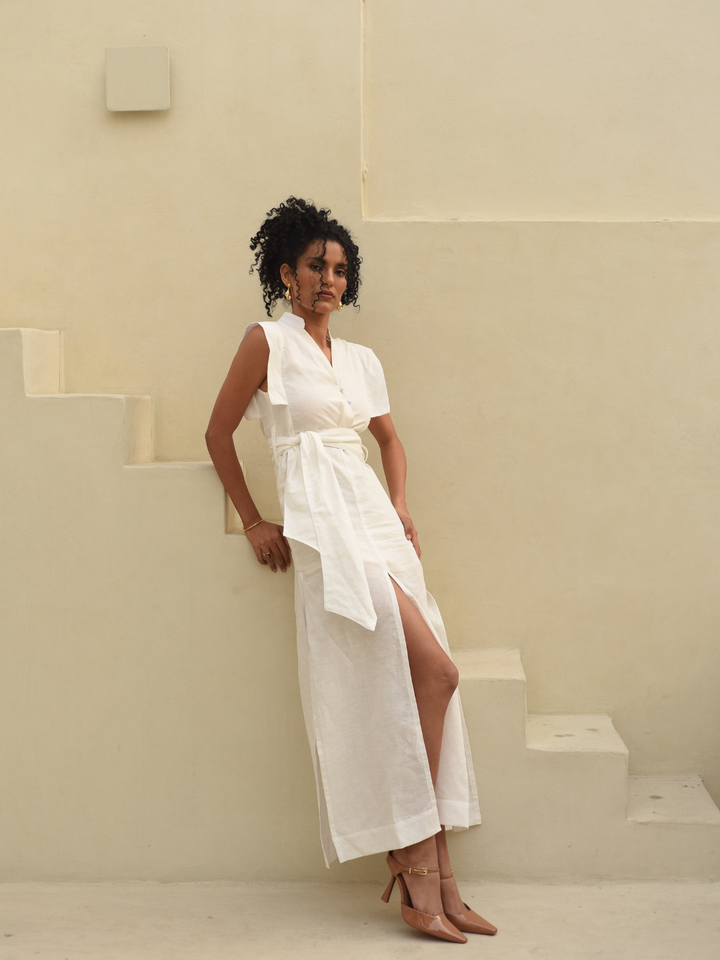 White-Ivory-Linen-V-Neck-Dress