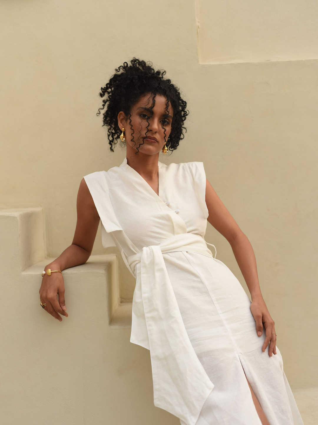 White-Ivory-Linen-V-Neck-Dress