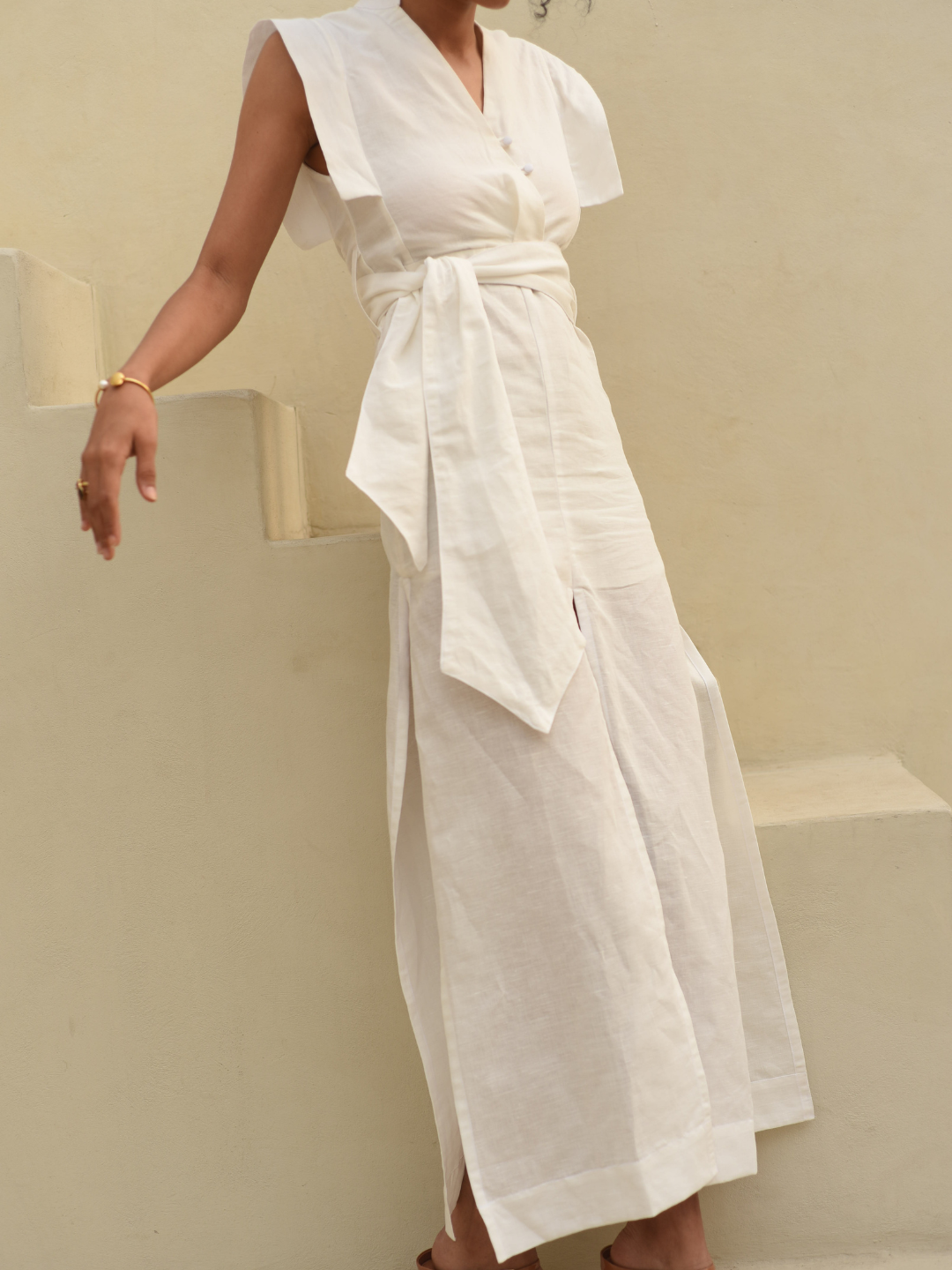 White-Ivory-Linen-V-Neck-Dress