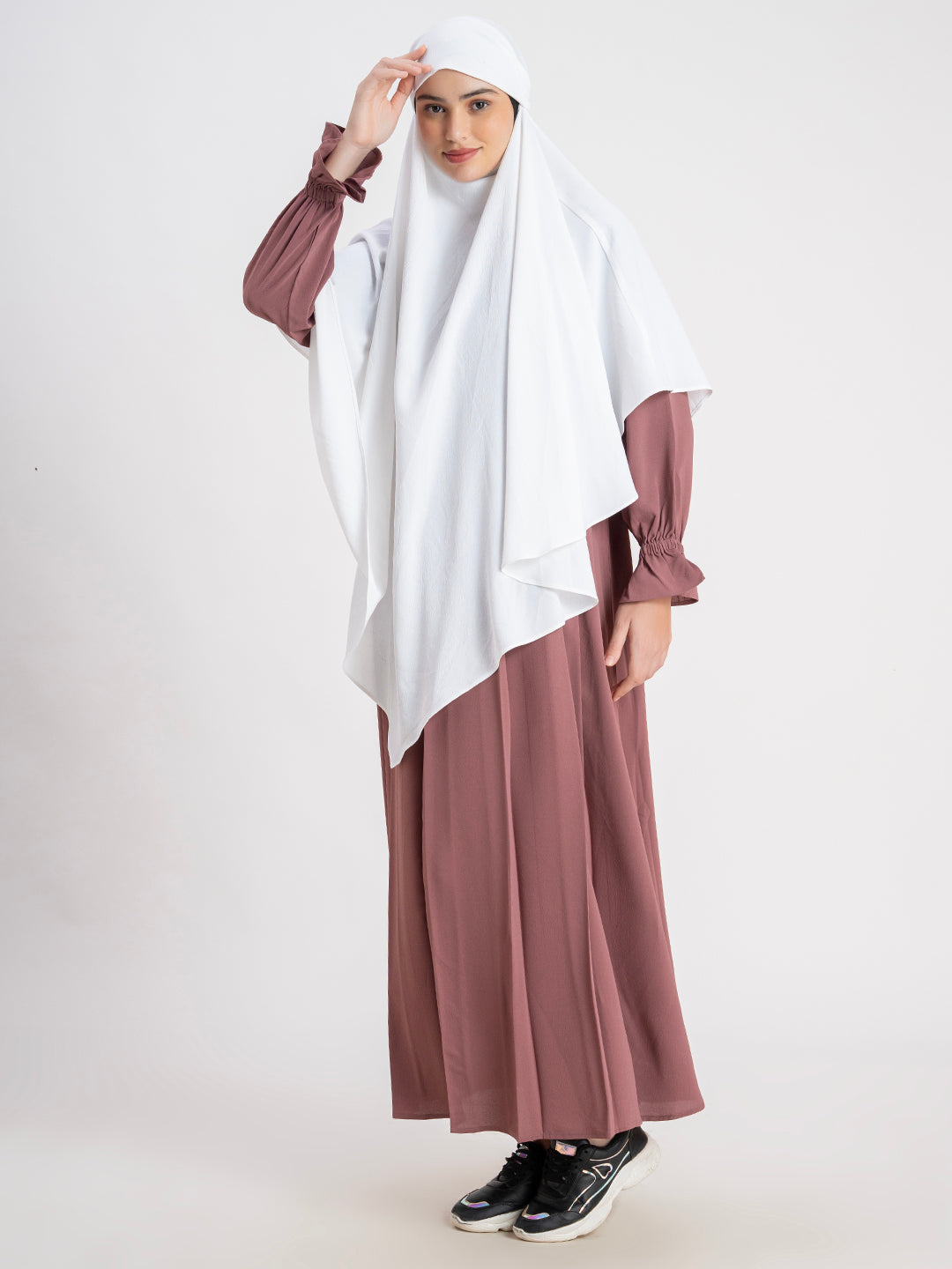 White Khimar with Brown Abaya CYK Fabric Plain Khimar Set