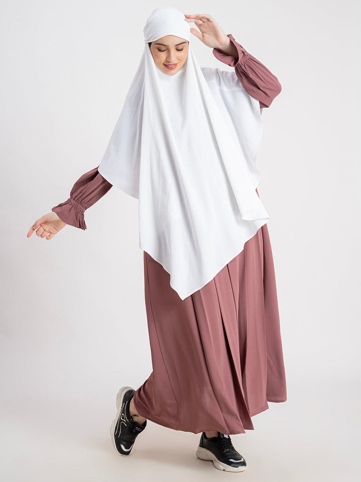 White Khimar with Brown Abaya CYK Fabric Plain Khimar Set