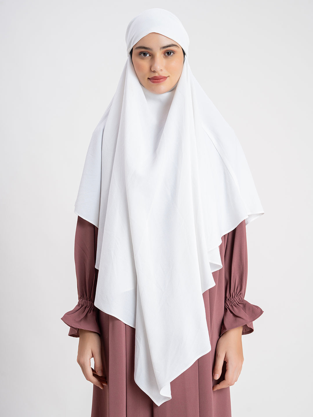 White Khimar with Brown Abaya CYK Fabric Plain Khimar Set