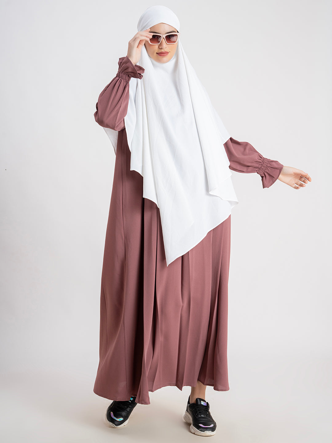 White Khimar with Brown Abaya CYK Fabric Plain Khimar Set