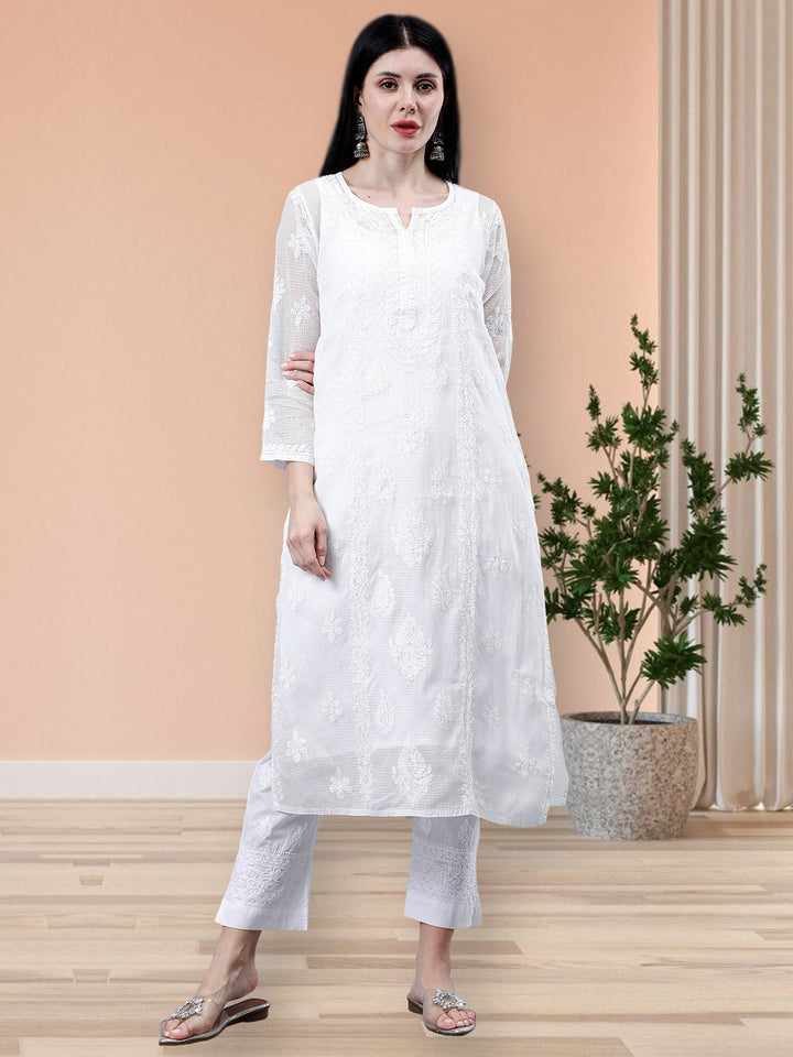 White Kota Embroidered Chikankari Kurti With Inner Slip