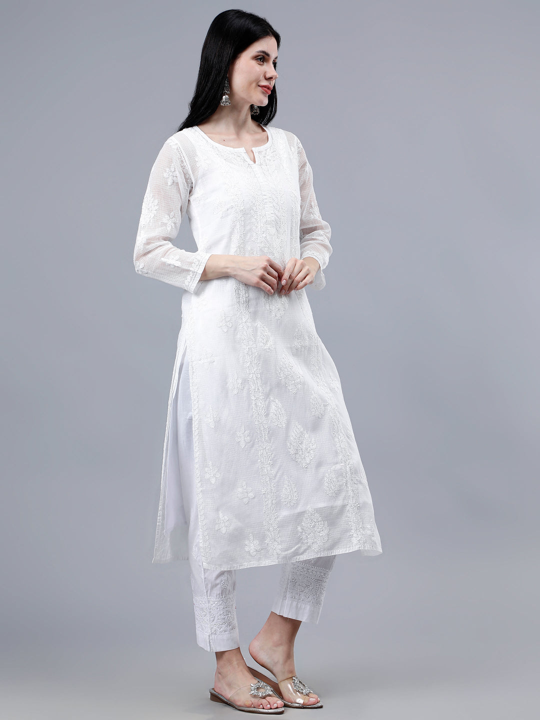 White-Kota-Embroidered-Chikankari-Kurti-With-Ineer-Slip