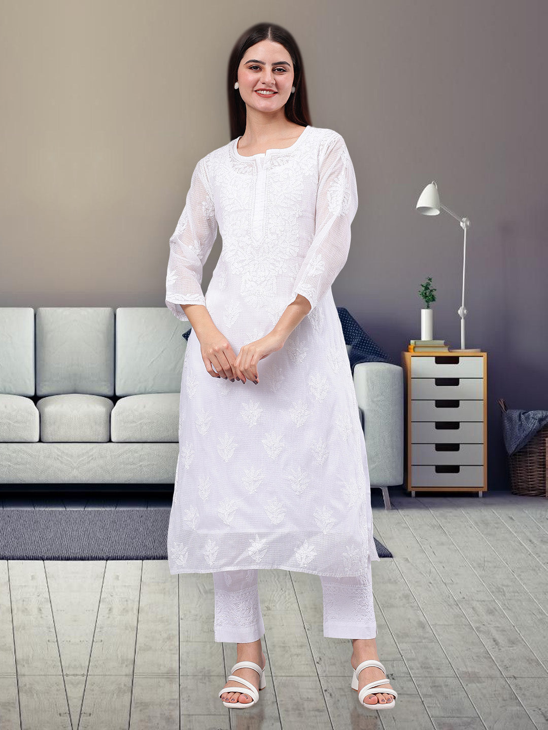 White-Kota-Embroidered-Chikankari-Kurti-With-Slip