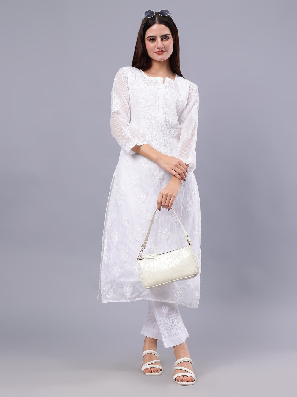 White-Kota-Embroidered-Chikankari-Kurti-With-Slip