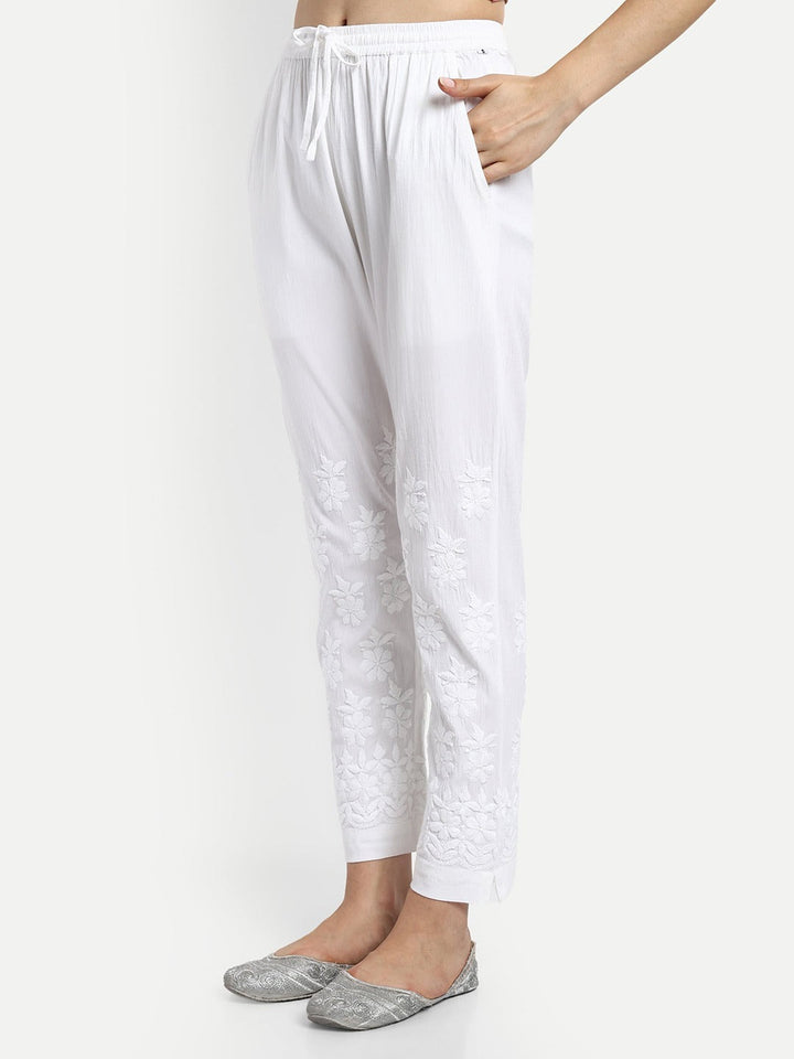 White-Lycra-Cotton--Embroidered-Chikankari-Straight-Pant