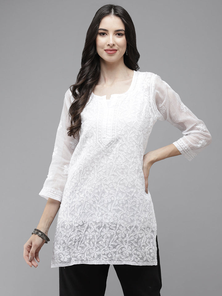 White Original Kota Chikankari Tunic With Slip