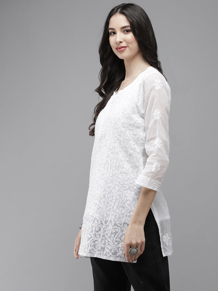 White Original Kota Chikankari Tunic With Slip