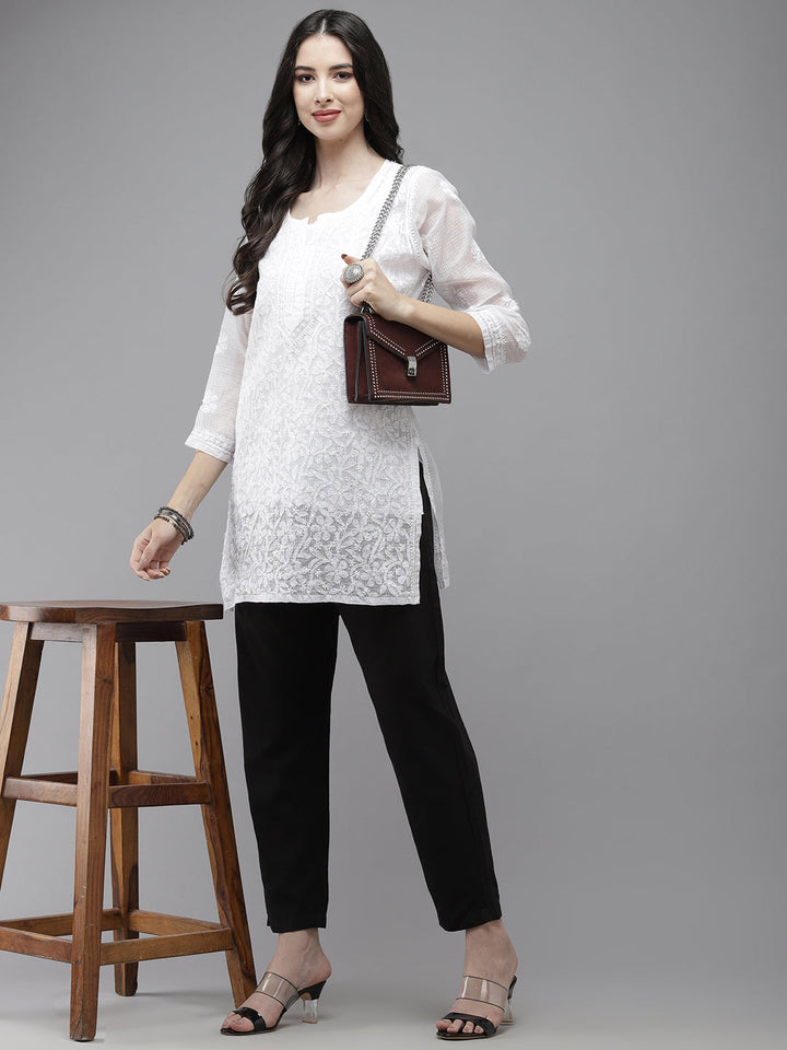 White Original Kota Chikankari Tunic With Slip