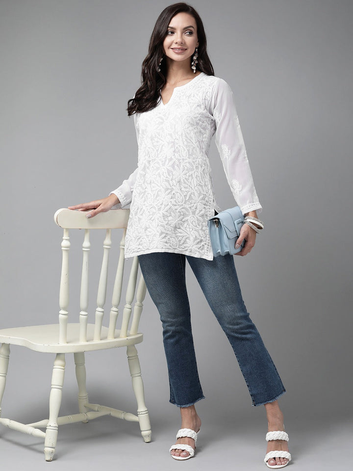 White-Poly-Georgette-Embroidered-Chikankari-Kurti