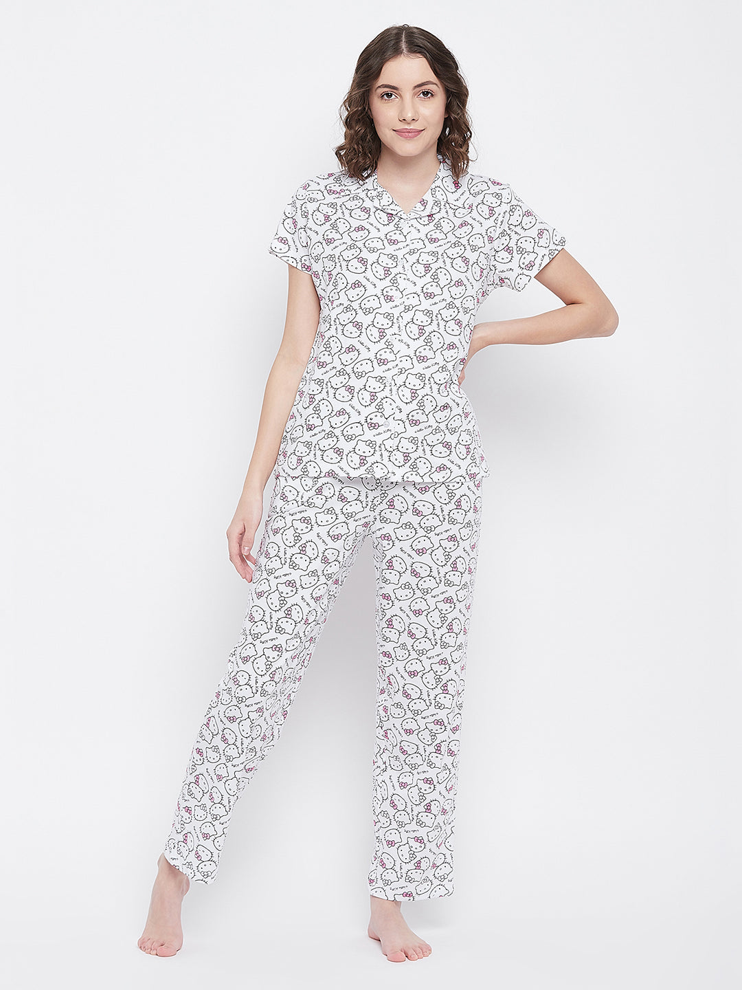 White-Print-Button-Me-Up-Shirt-&-Pyjama-Set