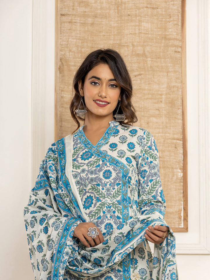 Turquoise-Blue-&-White-Cotton-Printed-3-Piece-Kurta-Set