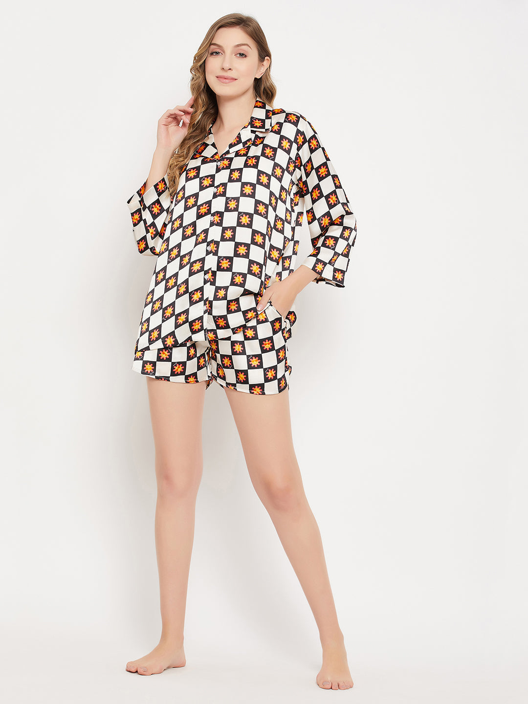 White-Satin-Emoji-Print-3-Piece-Nightwear-Set