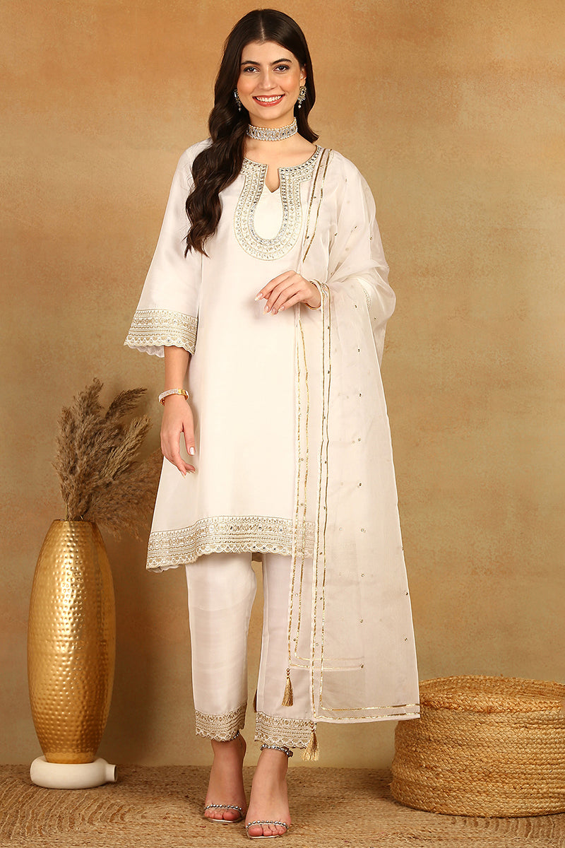 ZERESOUQ-White-Silk-Blend-Solid-Embroidered-A-Line-3-Piece-Kurta-Set