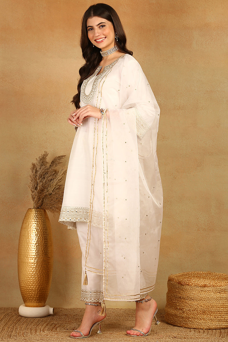 ZERESOUQ-White-Silk-Blend-Solid-Embroidered-A-Line-3-Piece-Kurta-Set