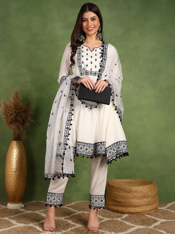 White-Silk-Blend-Thread-Work-A-Line-3-Piece-Kurta-Set