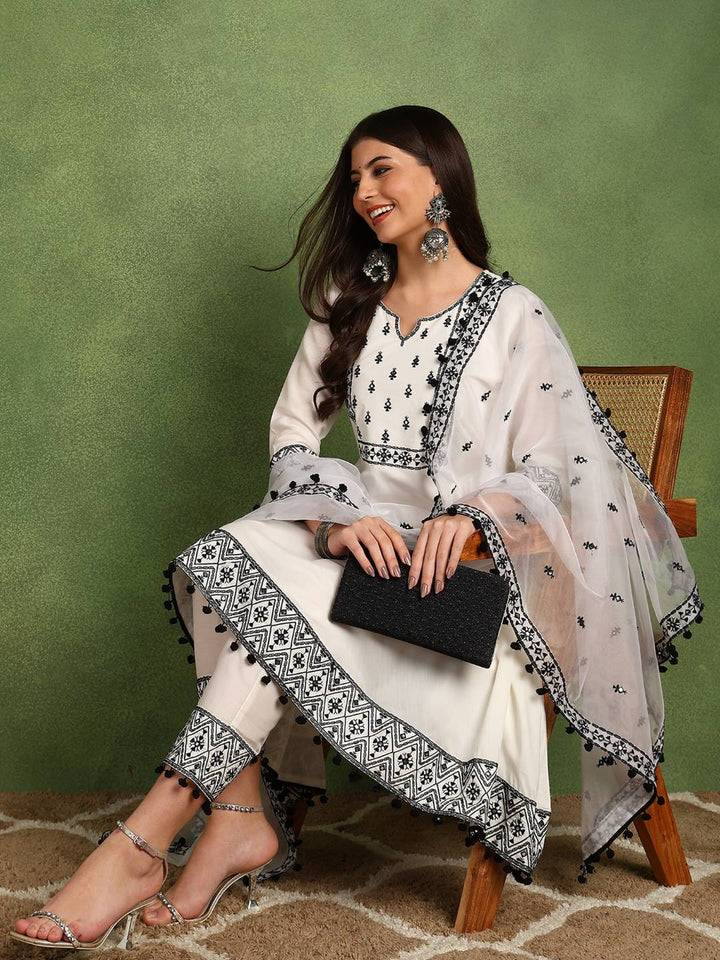 White-Silk-Blend-Thread-Work-A-Line-3-Piece-Kurta-Set