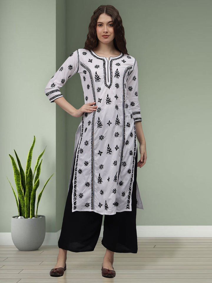 White-&-Black-Cotton-Embroidered-Chikankari-Kurta