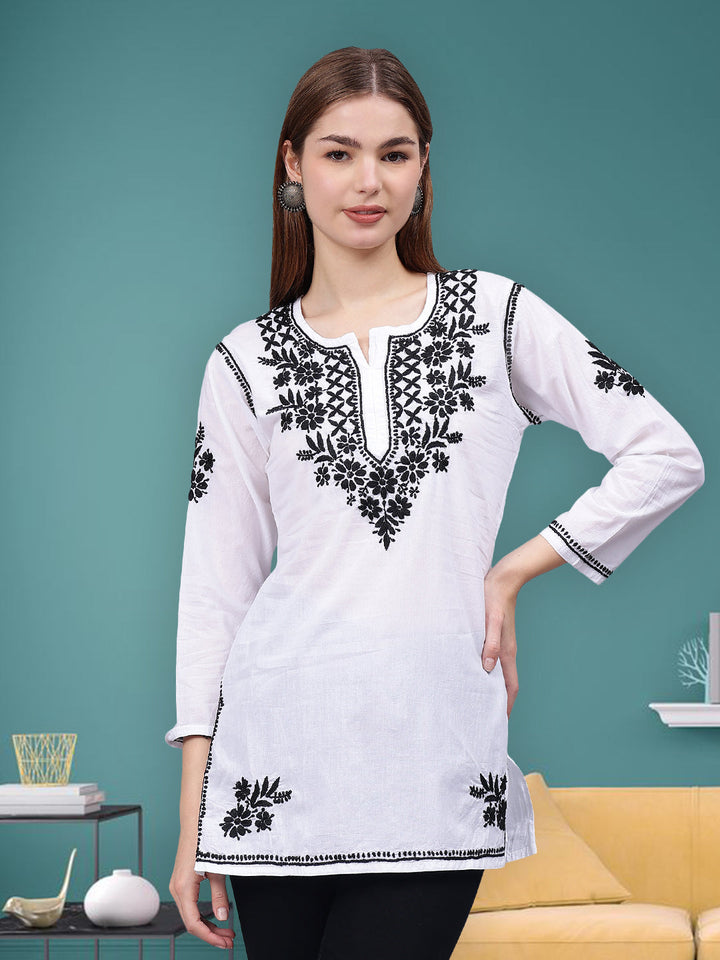 White-&-Black-Cotton-Hand-Embroidered-Chikankari-Tunic