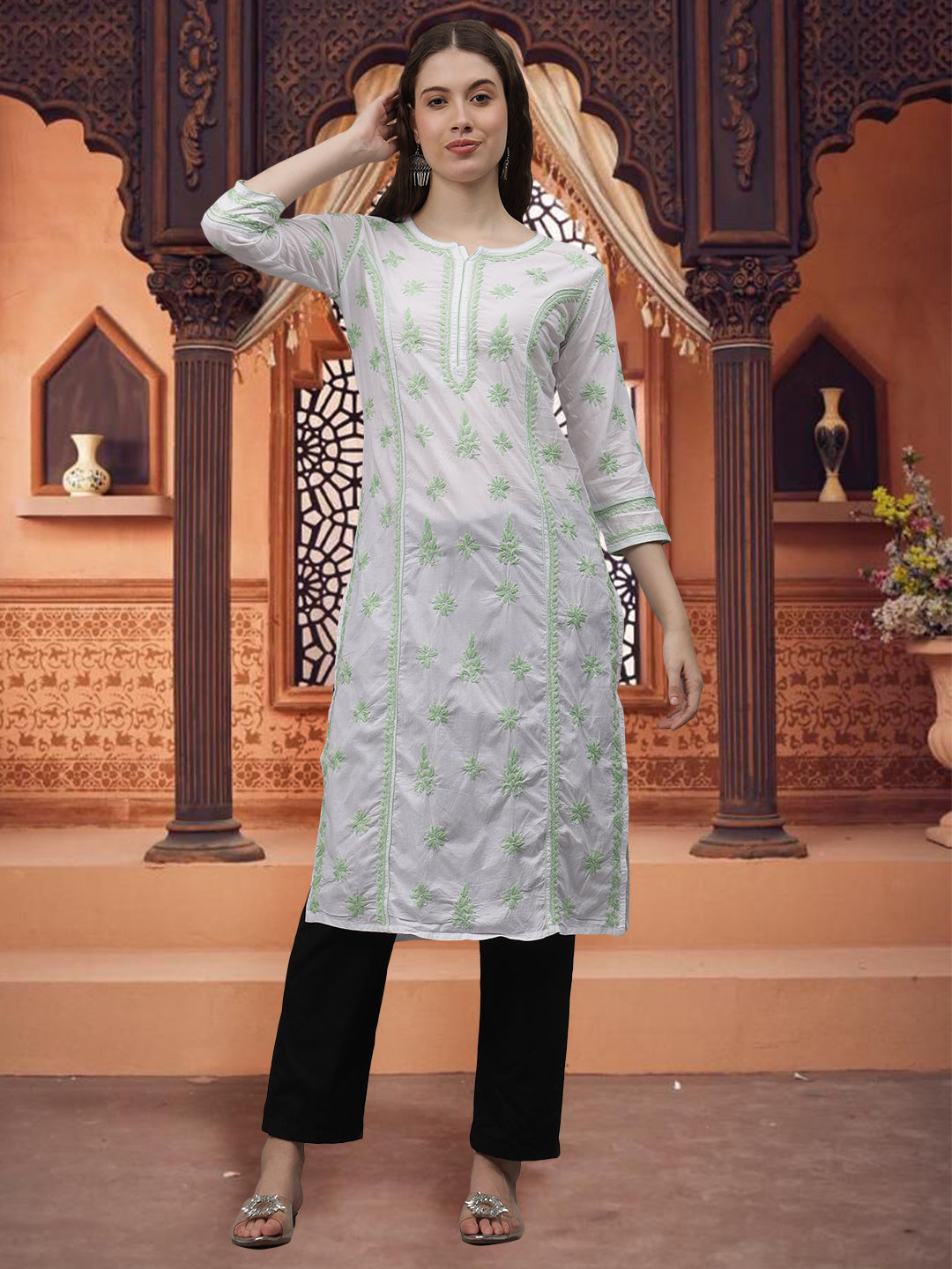 White-&-Green-Cotton-Embroidered-Chikankari-Kurti