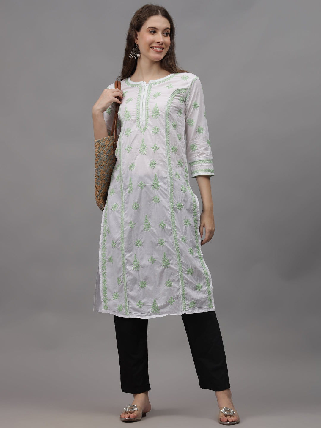 White-&-Green-Cotton-Embroidered-Chikankari-Kurti