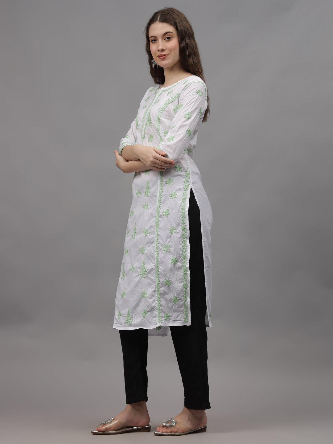 White-&-Green-Cotton-Embroidered-Chikankari-Kurti