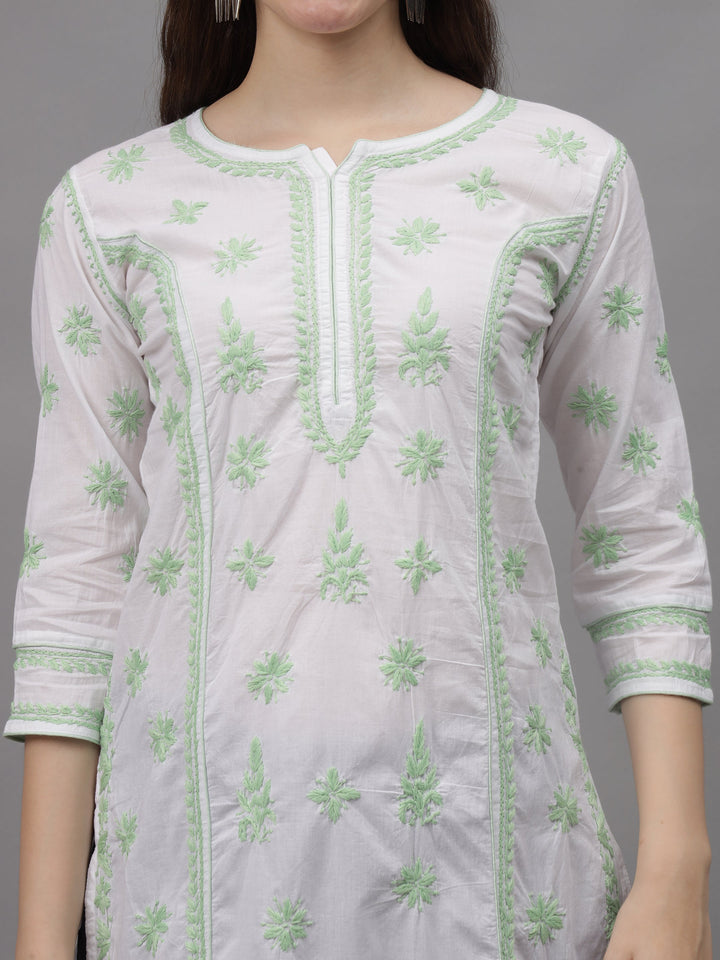 White-&-Green-Cotton-Embroidered-Chikankari-Kurti