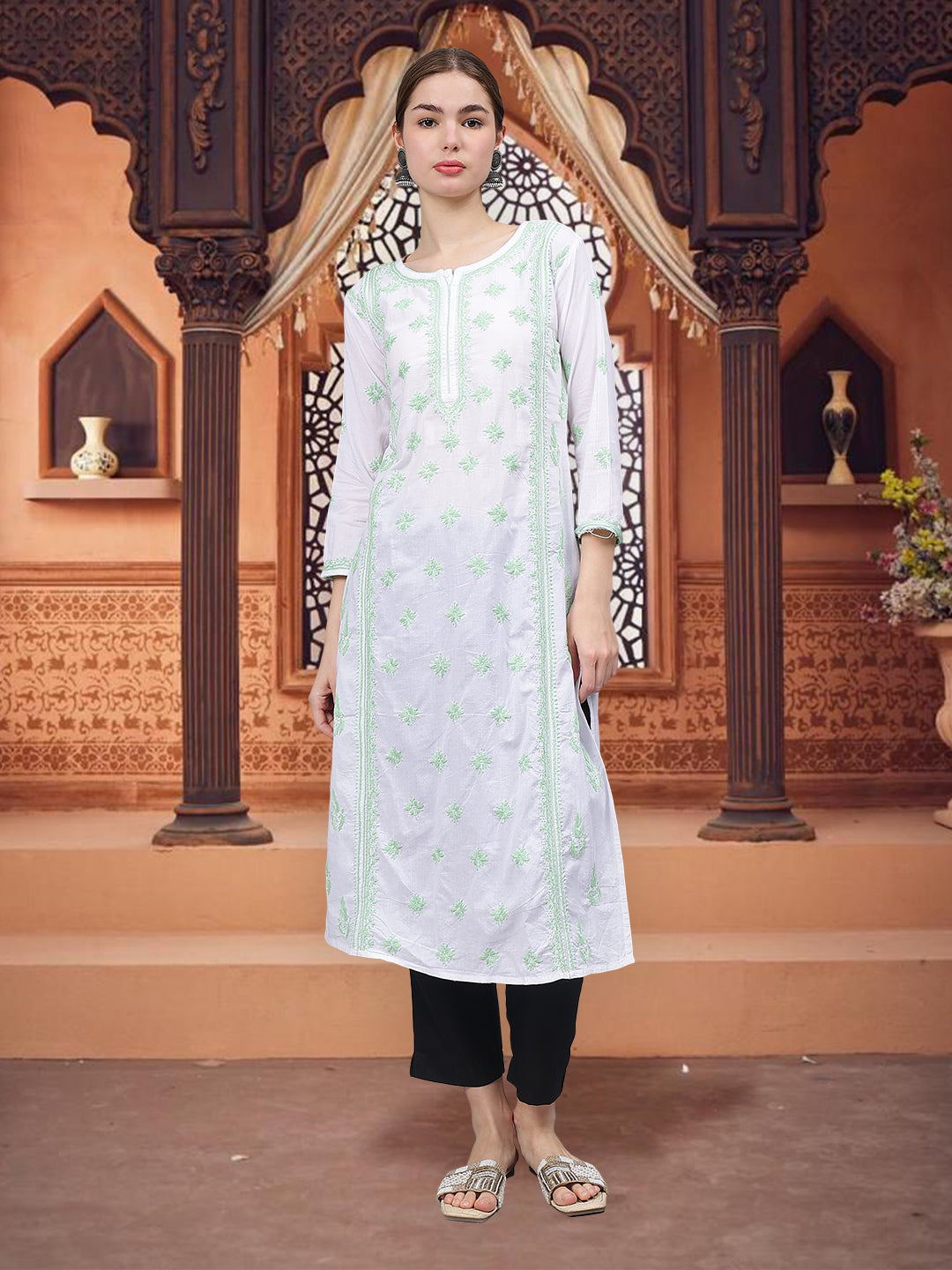 White-&-Green-Cotton-Embroidery-Chikankari-Kurti