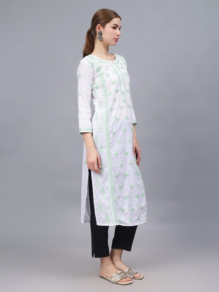 White-&-Green-Cotton-Embroidery-Chikankari-Kurti