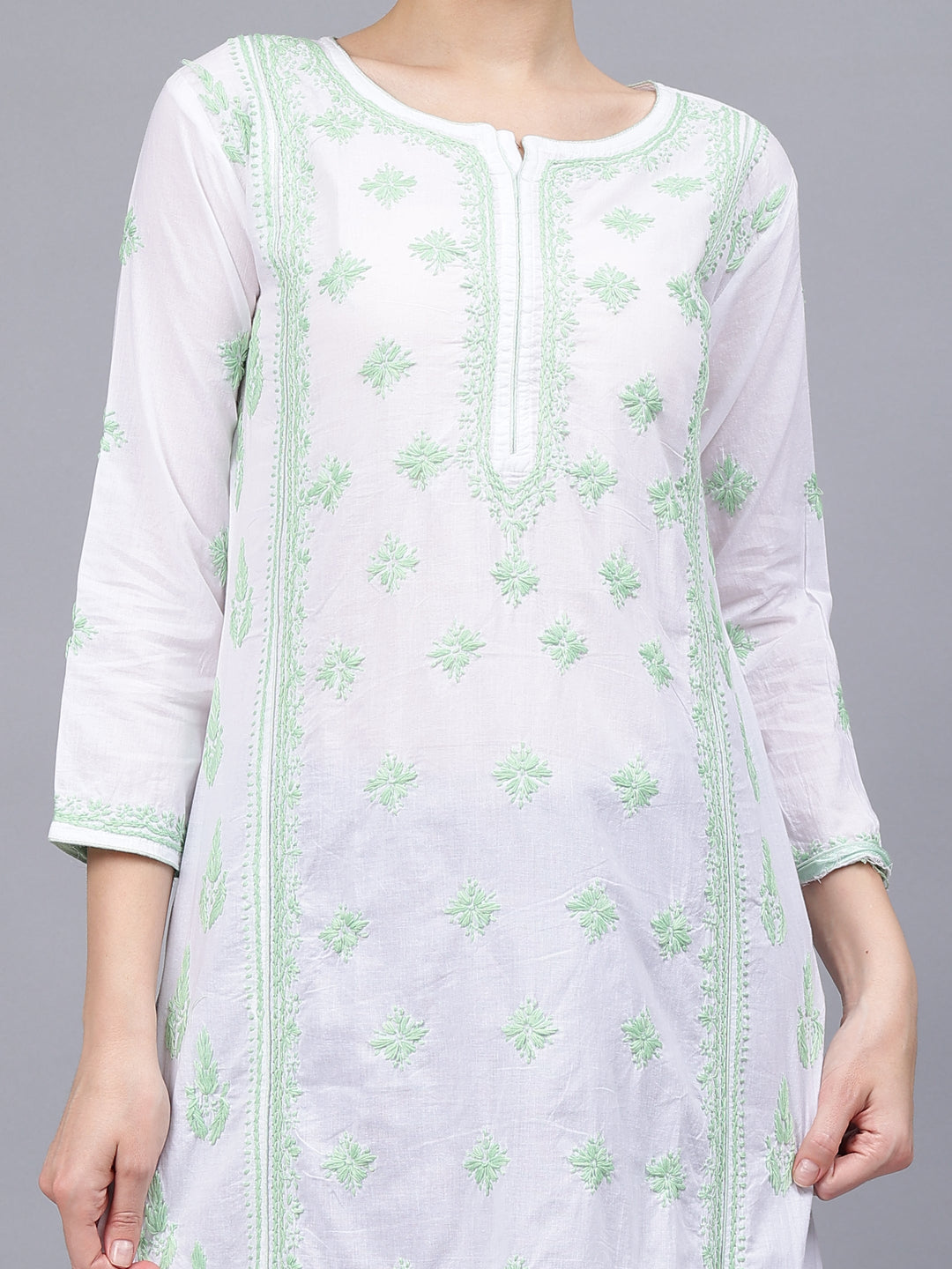 White-&-Green-Cotton-Embroidery-Chikankari-Kurti