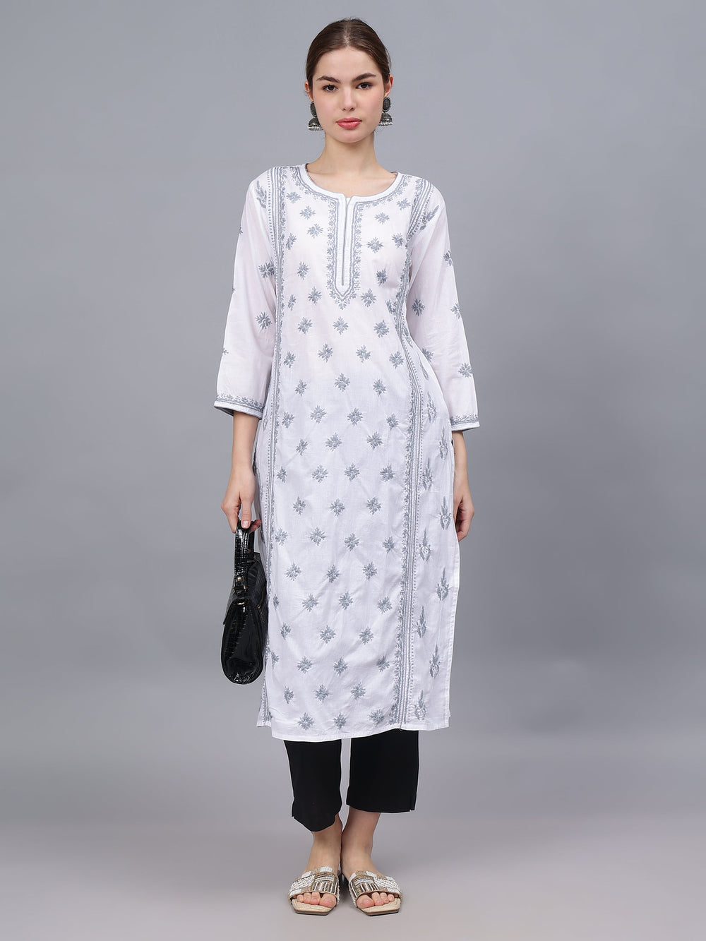 White-&-Grey-Cotton-Embroidered-Chikankari-Kurta