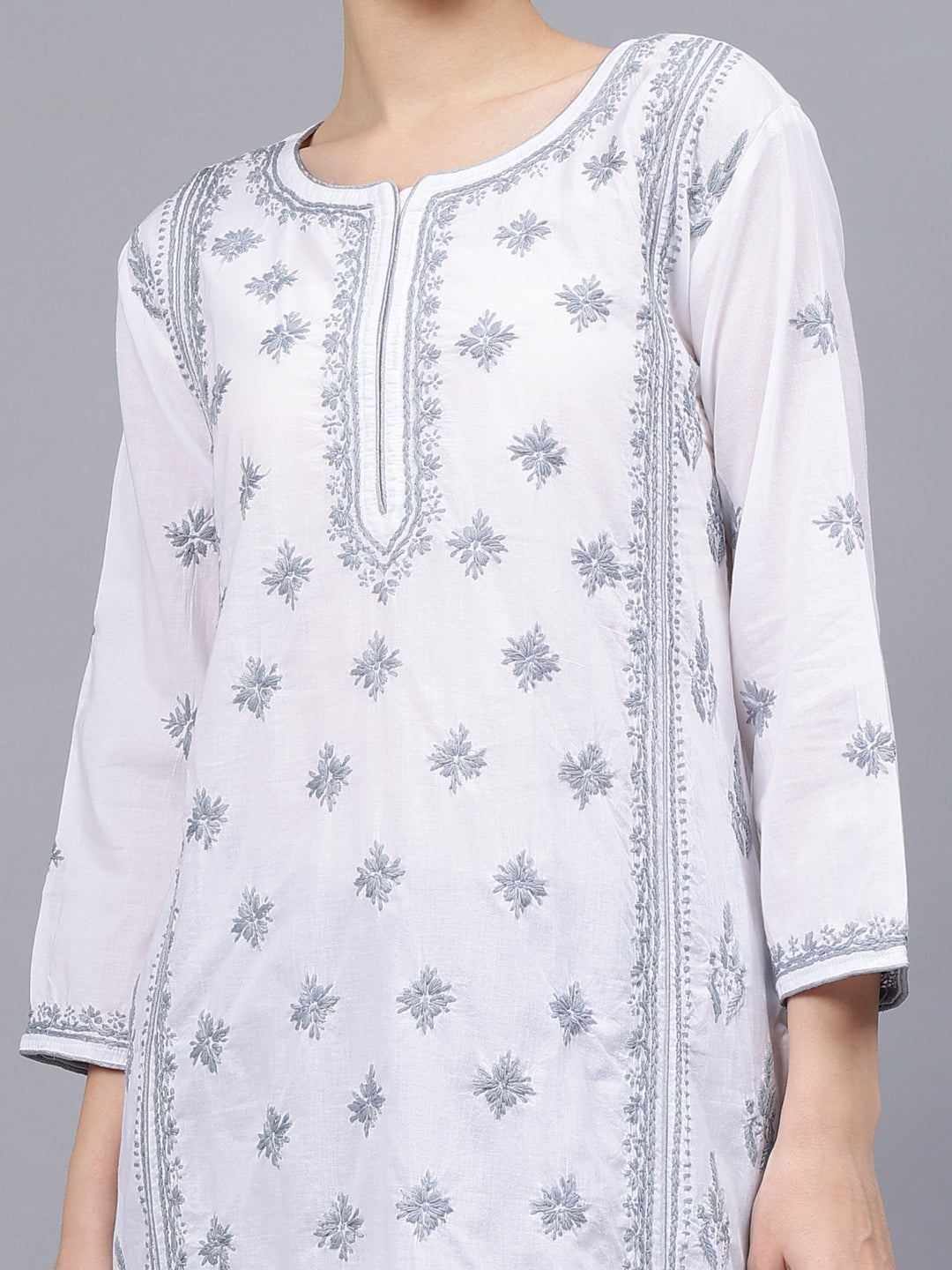 White-&-Grey-Cotton-Embroidered-Chikankari-Kurta