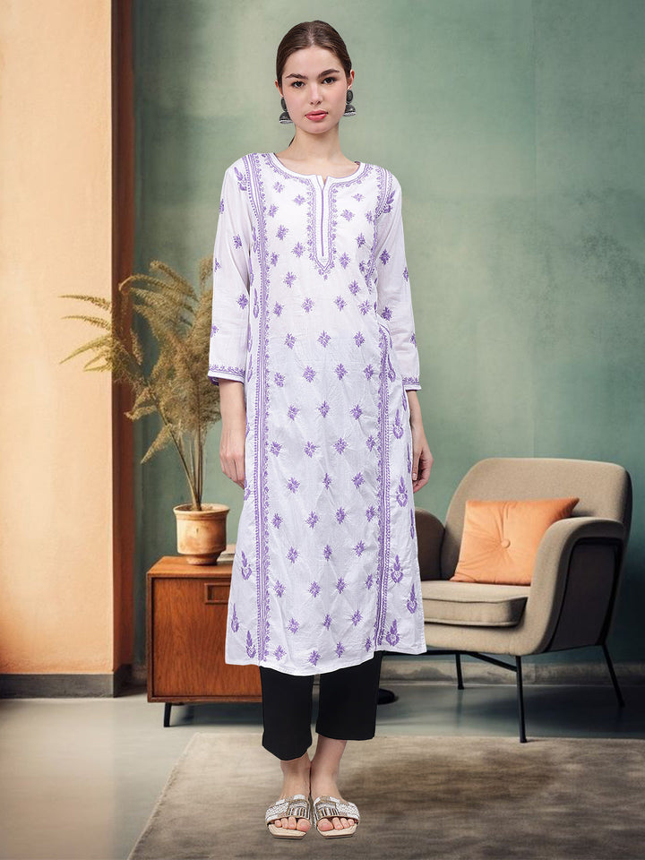 White-&-Mauve-Cotton-Embroidered-Chikankari-Kurta