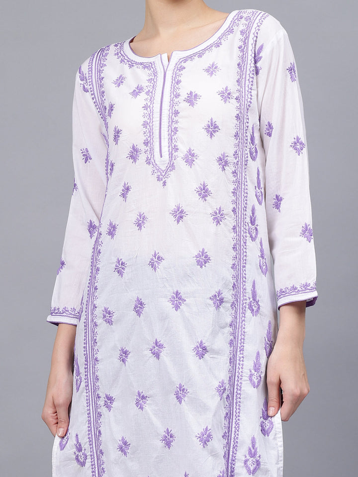 White-&-Mauve-Cotton-Embroidered-Chikankari-Kurta