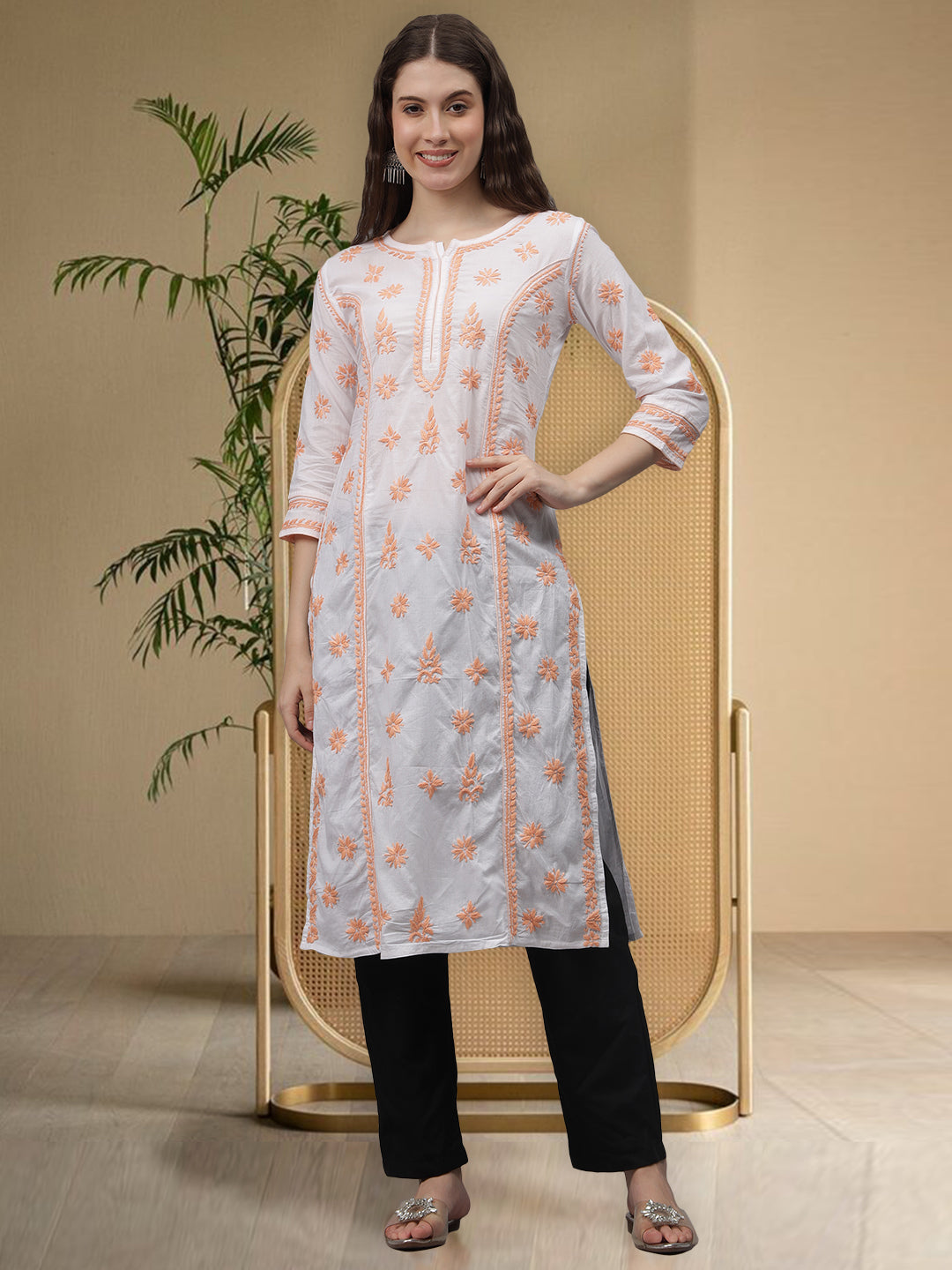 White-&-Peach-Cotton-Embroidered-Chikankari-Kurti