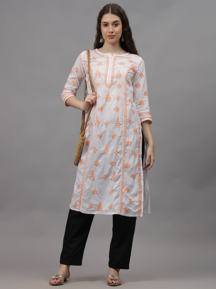 White-&-Peach-Cotton-Embroidered-Chikankari-Kurti