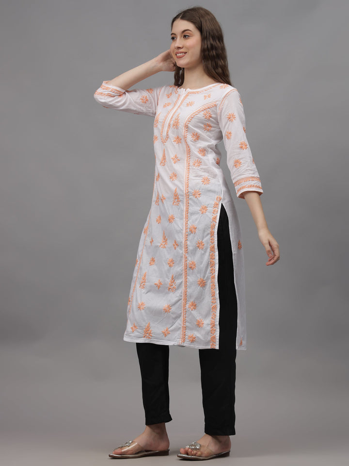 White-&-Peach-Cotton-Embroidered-Chikankari-Kurti