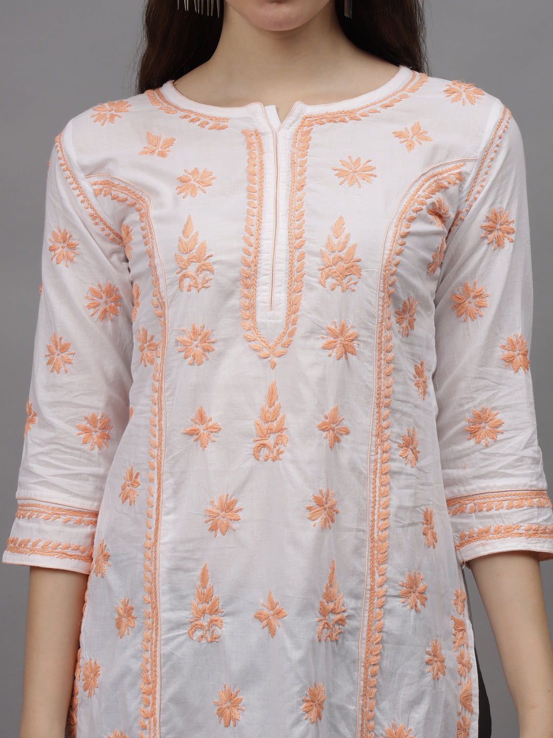 White-&-Peach-Cotton-Embroidered-Chikankari-Kurti